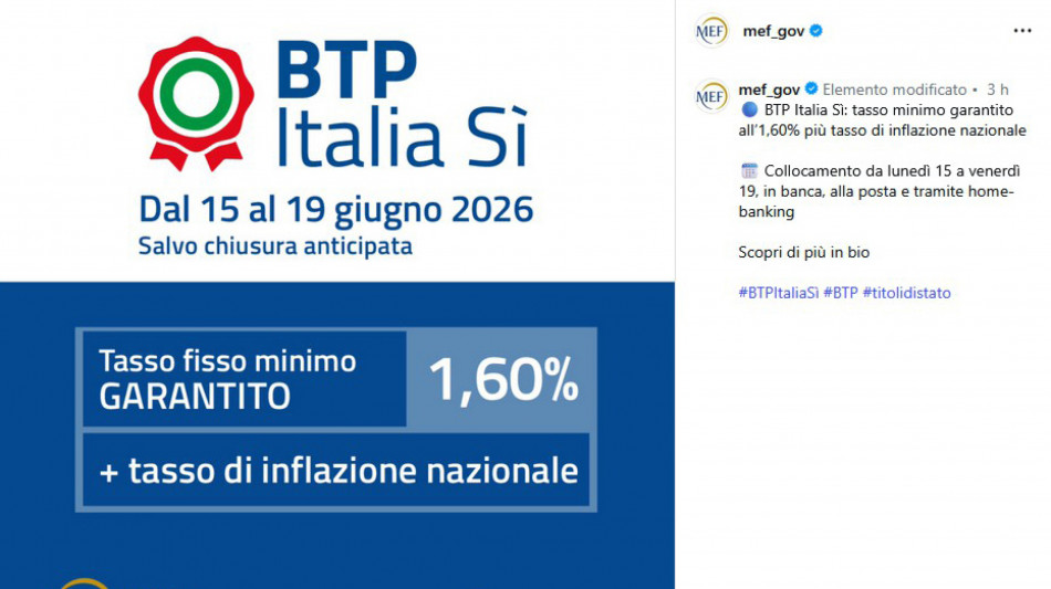 Corsa al Btp Italia S&igrave;, in un'ora ordini per oltre 365 milioni